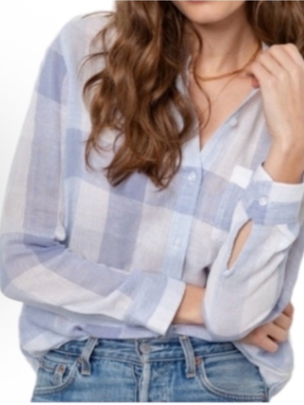 Rails Charli Sky Blue Check Button Down Blouse, Size Medium,  Linen Blend,